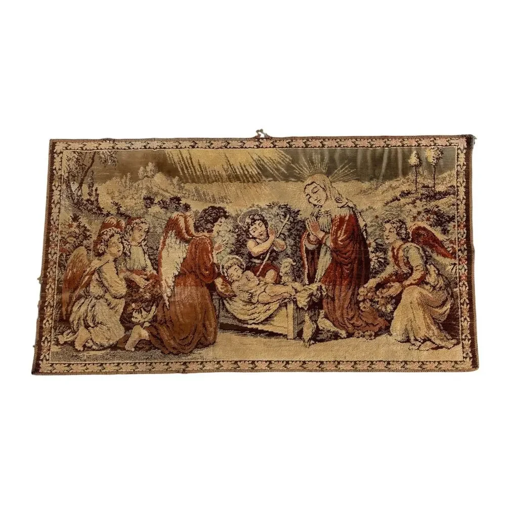 Vtg Italy Velvet Tapestry Wall Hanging Rug - Religious Christian Nativity Jesus